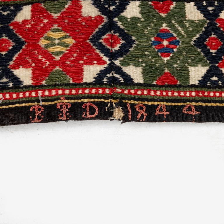 A flat-weave (krabbasnår) bed cover, c. 215 x 118 cm, South-West Scania, dated 1844.