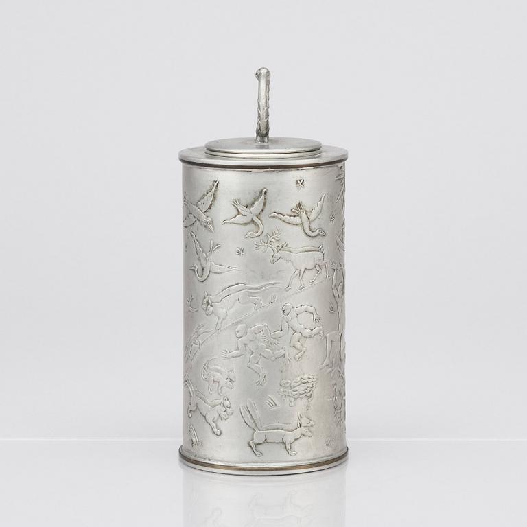 Nils Fougstedt, a lidded pewter jar decorated with the garden of Eden, Svenskt Tenn  Sweden 1930.