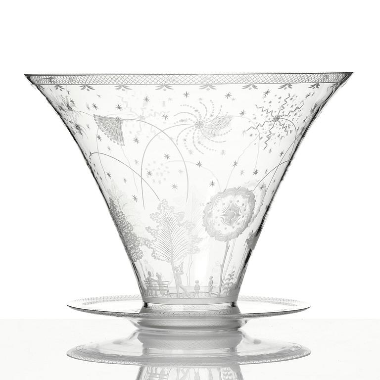 Edward Hald, a Swedish Grace "Fyrverkeri" (Fireworks) engraved glass bowl with a plate, Orrefors, Sweden, 1925, model 248.