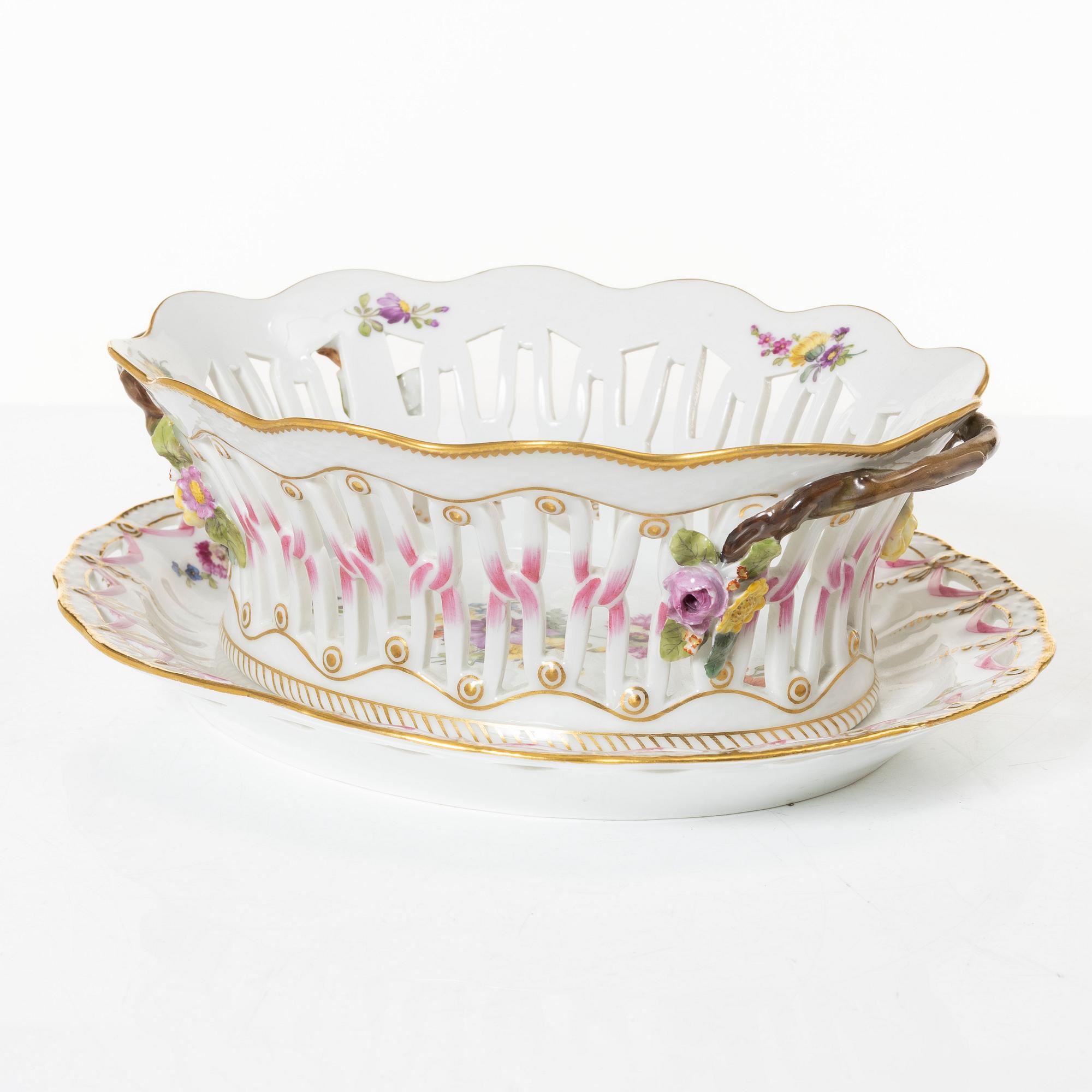 Royal Copenhagen, a 'Saxon Flower' lattice bowl with stand, Denmark, 1889-1922.