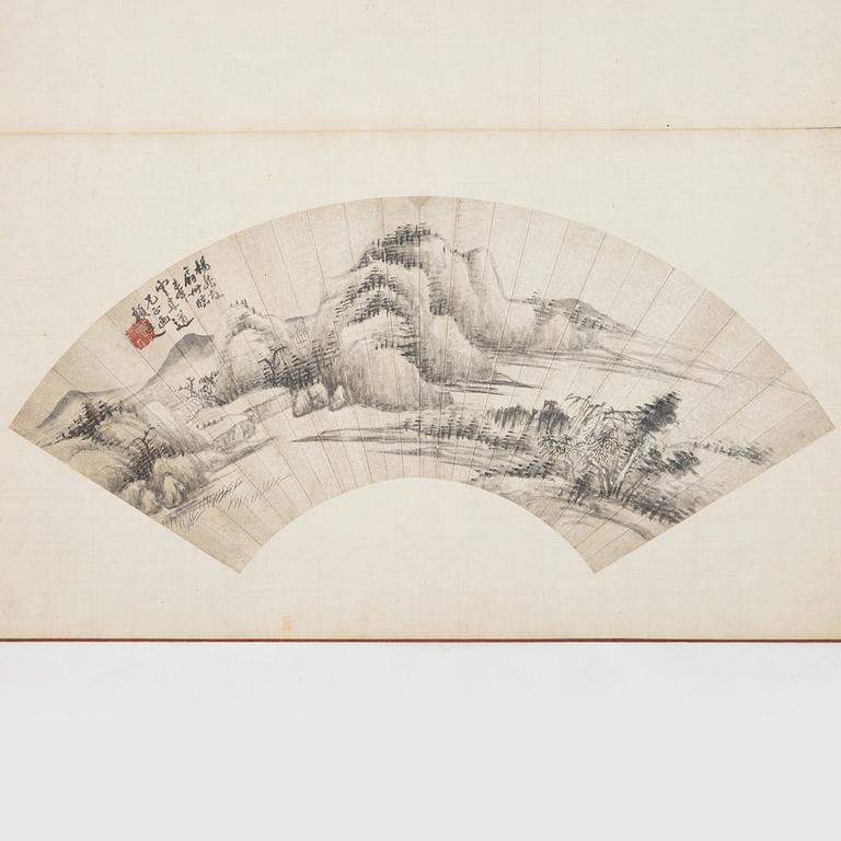 Oidentifierad konstnär, s.k. "Solfjädersmålning", Bergigt flodlandskap, Kina, 1900-tal.