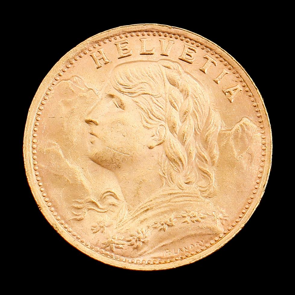GULDMYNT, 20 franc, Schweiz, 1935. Vikt ca 6 gram.