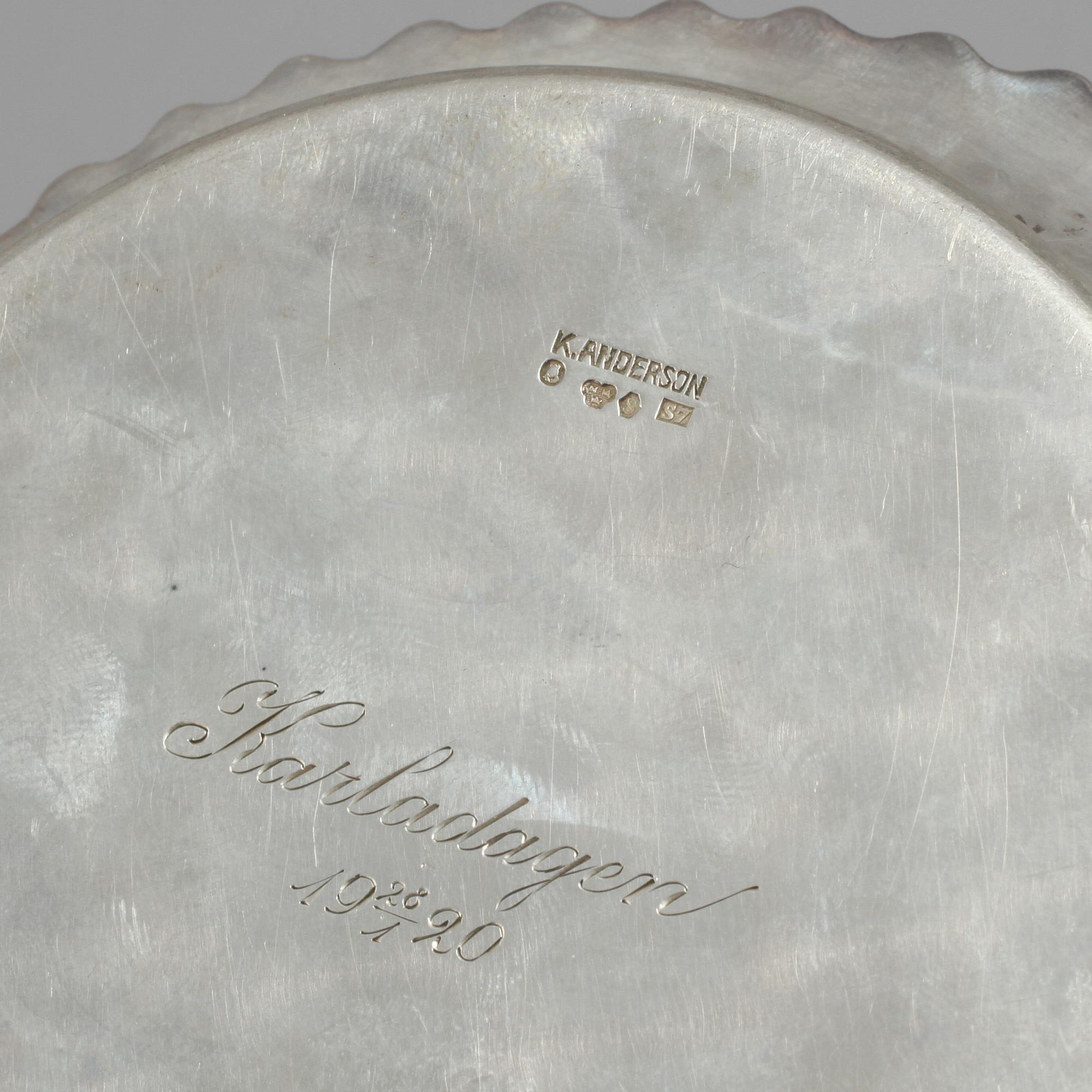 PARTI SILVER, 9 delar, K. Andersson, Stockholm, 1900-talets första hälft, vikt 650 g.