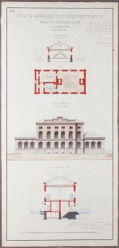 ARKITEKTRITNINGAR, 2 st, akvarell, daterade 27 april och 16 augusti 1882 i Helsingfors.