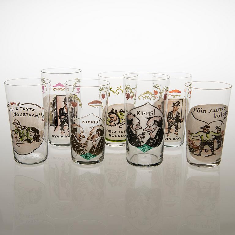 Seven 1930s drinking glasses.