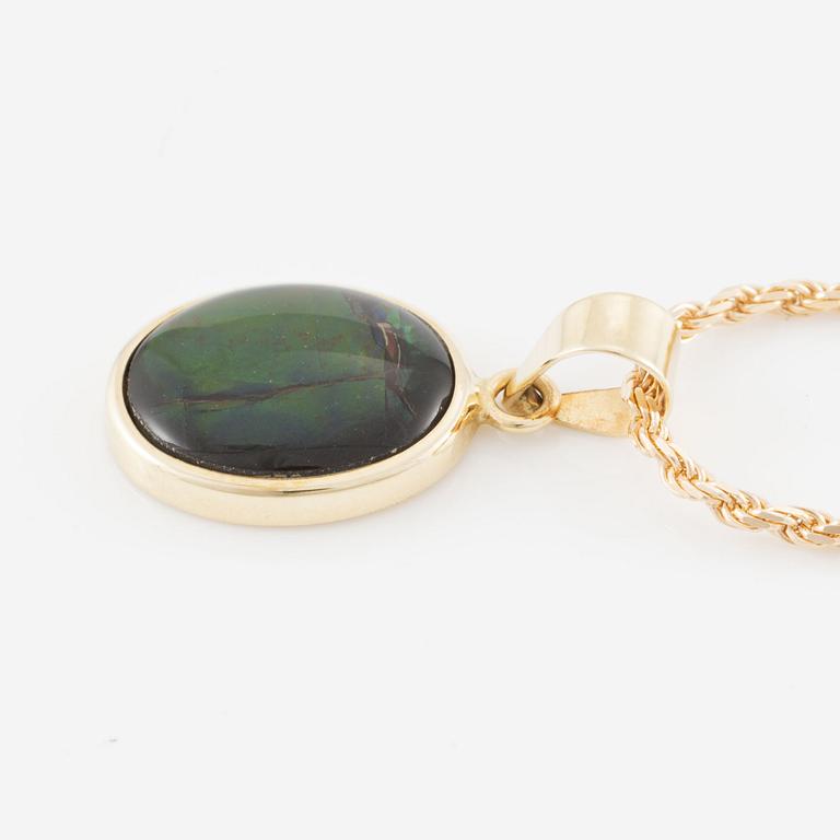 Pendant, 14K gold with green stone possibly with ammolite and chain 18K gold.