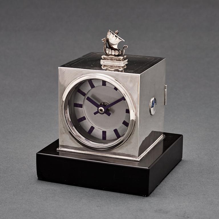Atelier Borgila, a sterling table clock with enamelled details, Stockholm 1931.