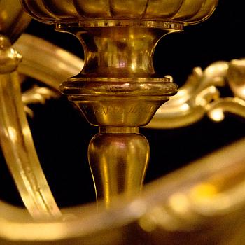 Ferdinand Barbedienne, A signed and gilded bronze chandelier from second half of the 19th century. Height 115 cm.