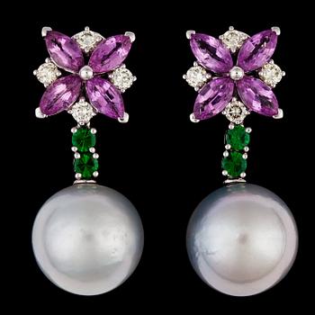 1375. A pair of pink sapphire, tsavorites, brilliant cut diamonds and cultured South sea pearl earrings.