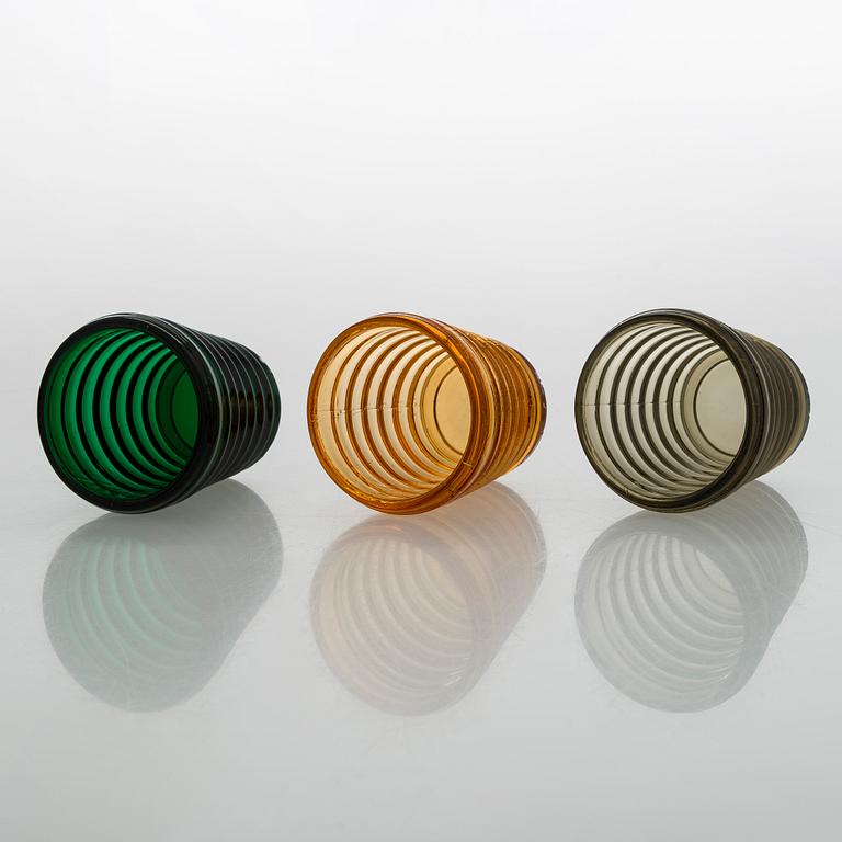 Aino Aalto, set of three  1930s 'Bölgeblick' 4052 drinking glasses for Karhula Glassworks, Finland.