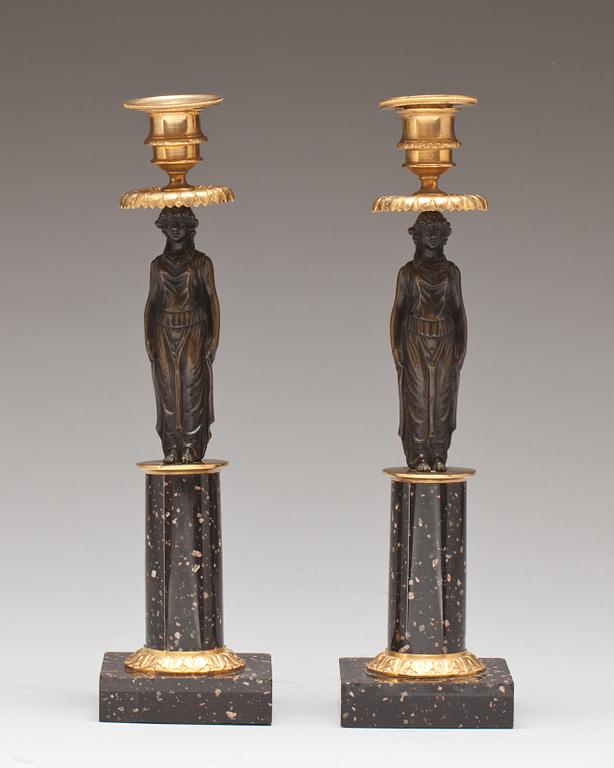 A pair of late Gustavian circa 1800 porphyry candlesticks.