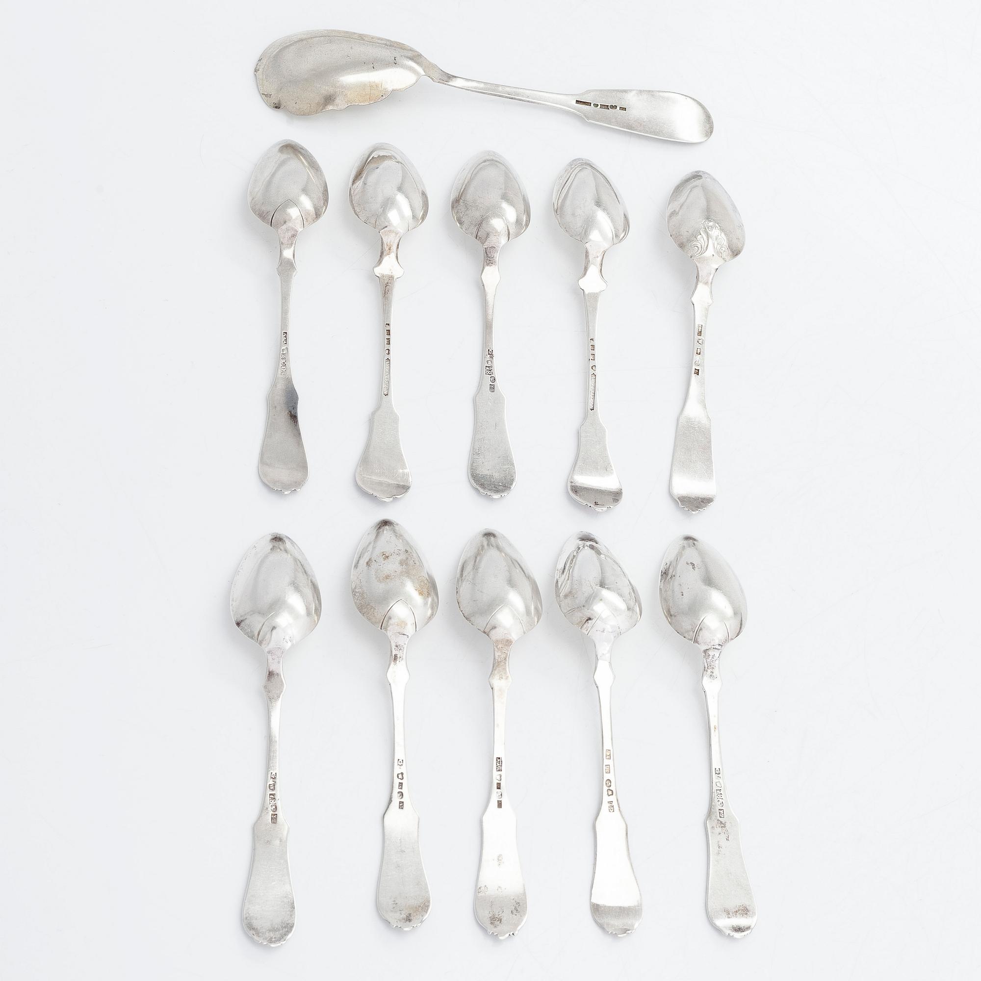 A 10-piece set of silver dessert spoons from Porvoo and Lovisa, mostly from the 1850s, and a jam spoon, 1926, Porvoo.