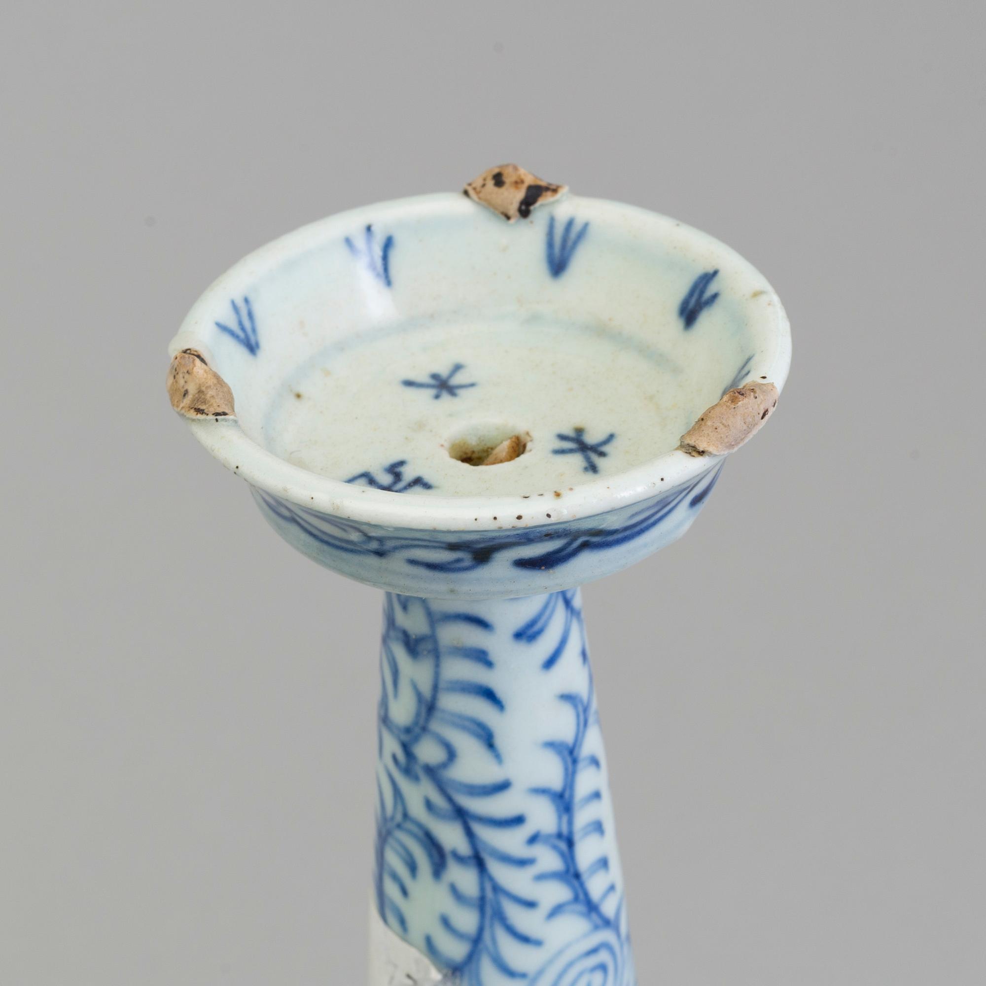 A large pair of Chinese blue and white porcelain incense holders/candle holders, Qing dynasty, 19th century.