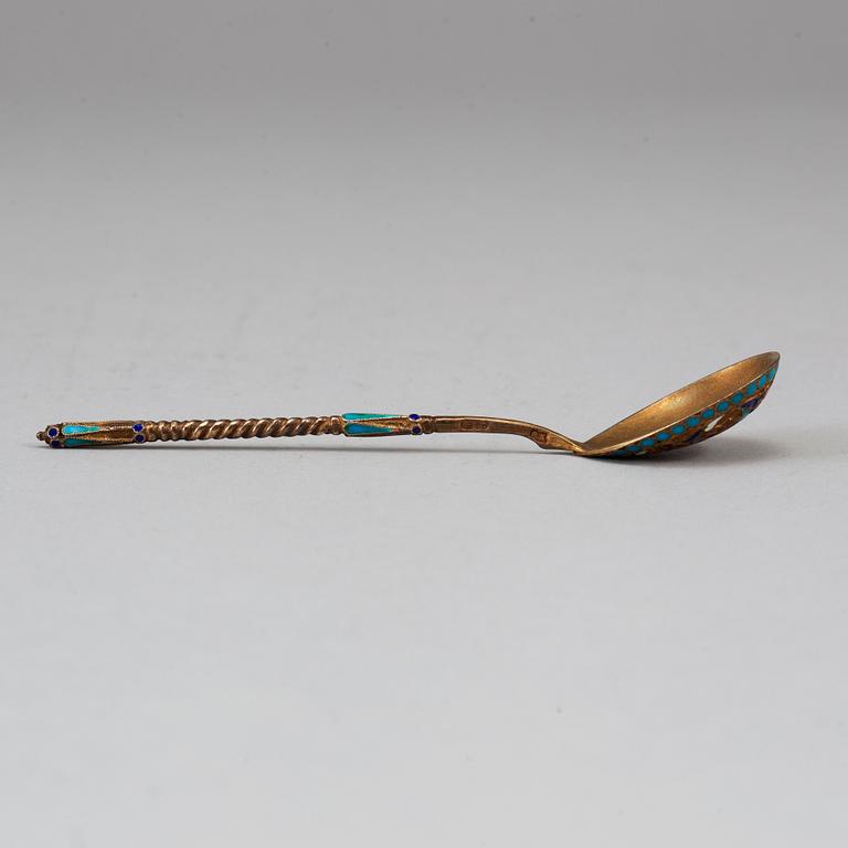 A set of twelve 19th century silver-gilt and cloisonné enameled tea-spoons, marked Gustav Klingert, Moscow 1880's.