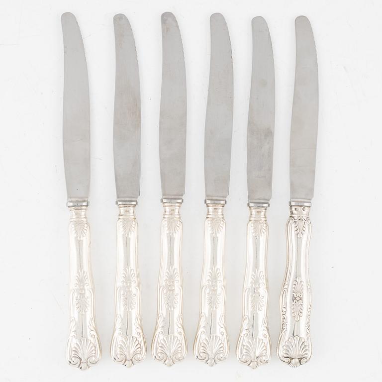 Matknivar, 6 st, silver, modell Engelsk snäck, CG Hallberg, Stockholm 1946.