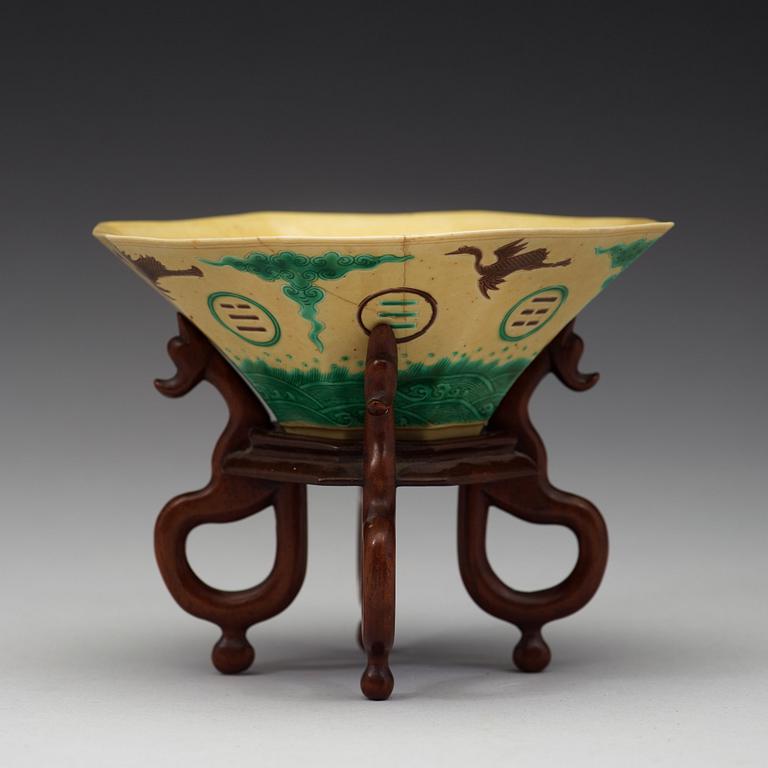 A yellow, green and aubergine glazed bisquit bowl, Qing dynasty, 18th Century.