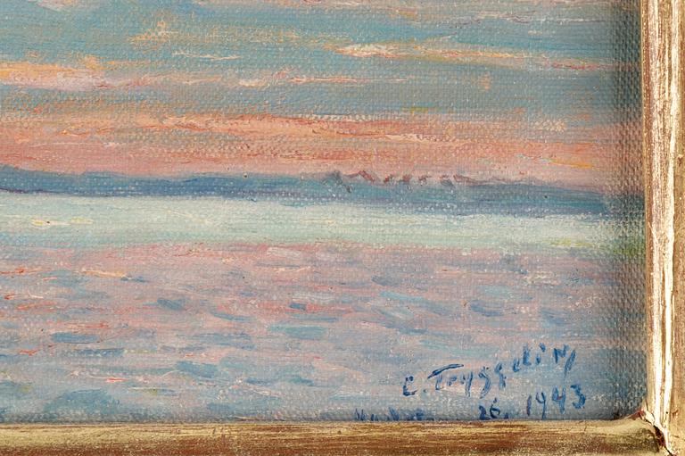 Erik Tryggelin, oil on panel, signed and dated Vadstena 26/8 1943.