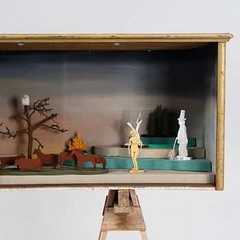 Richard Johansson, object/installation in a wooden cupboard, drawing, painting and mixed media, signed.