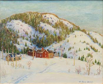 Nils Gunnar Johansson, Vinterlandskap med stugor vid fjäll.