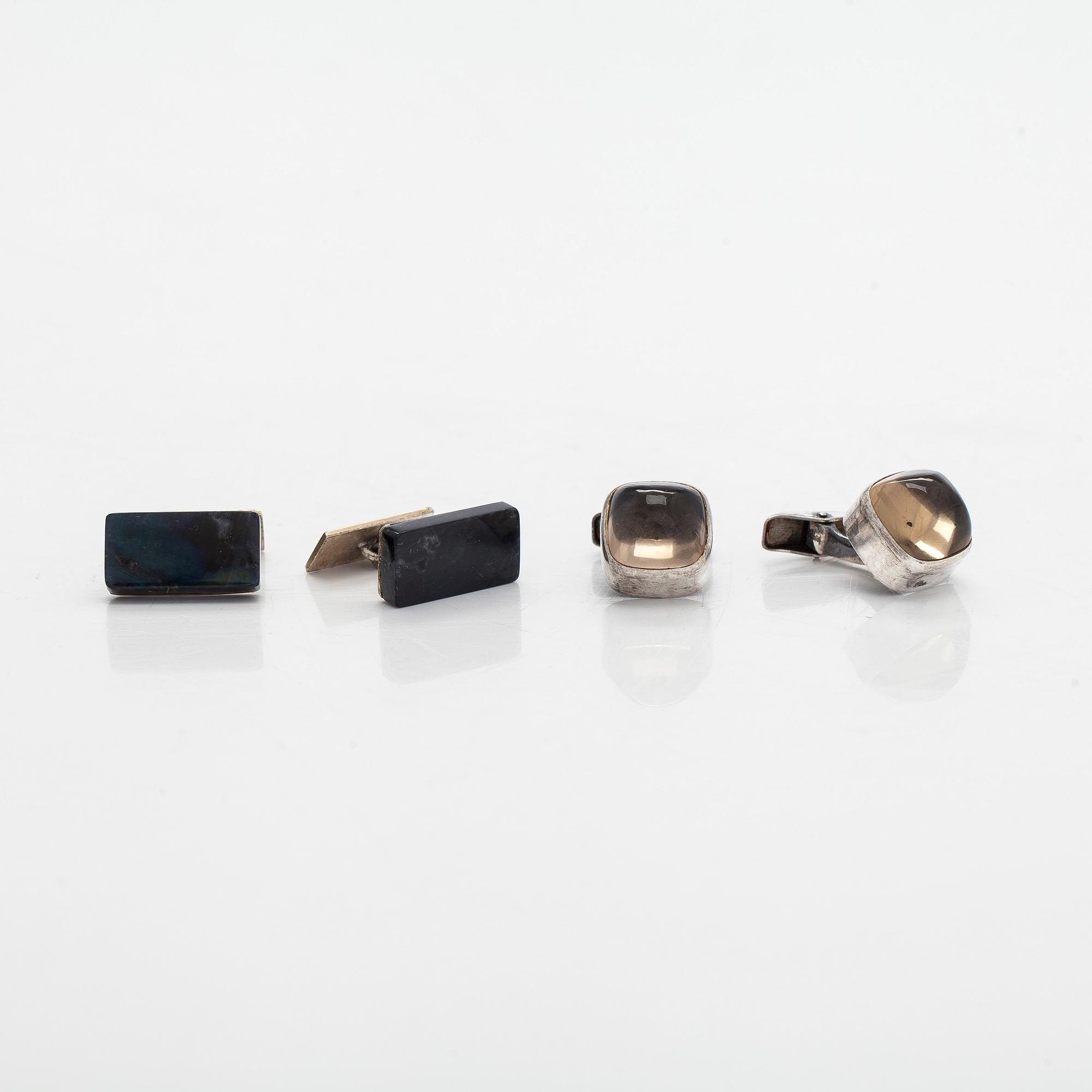 Elis Kauppi, cufflinks, 2 pairs, spectrolite, smoky quartz, silver, Kupittaan Kulta, Turku 1961–1963.