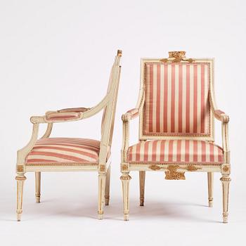 A pair of Gustavian open armchairs, Stockholm, late 18th century.