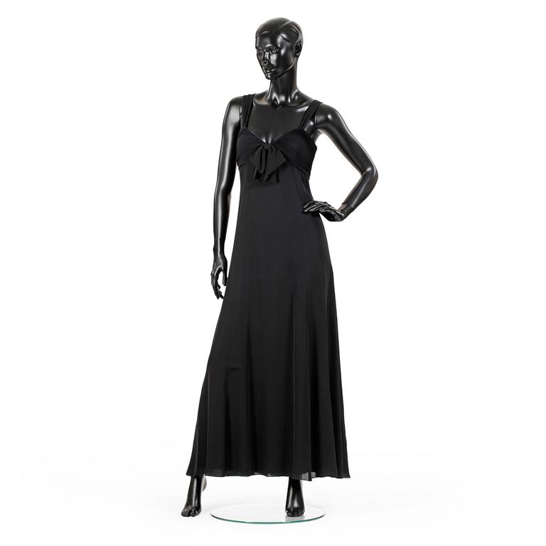 ARMANI, a black long silk dress.