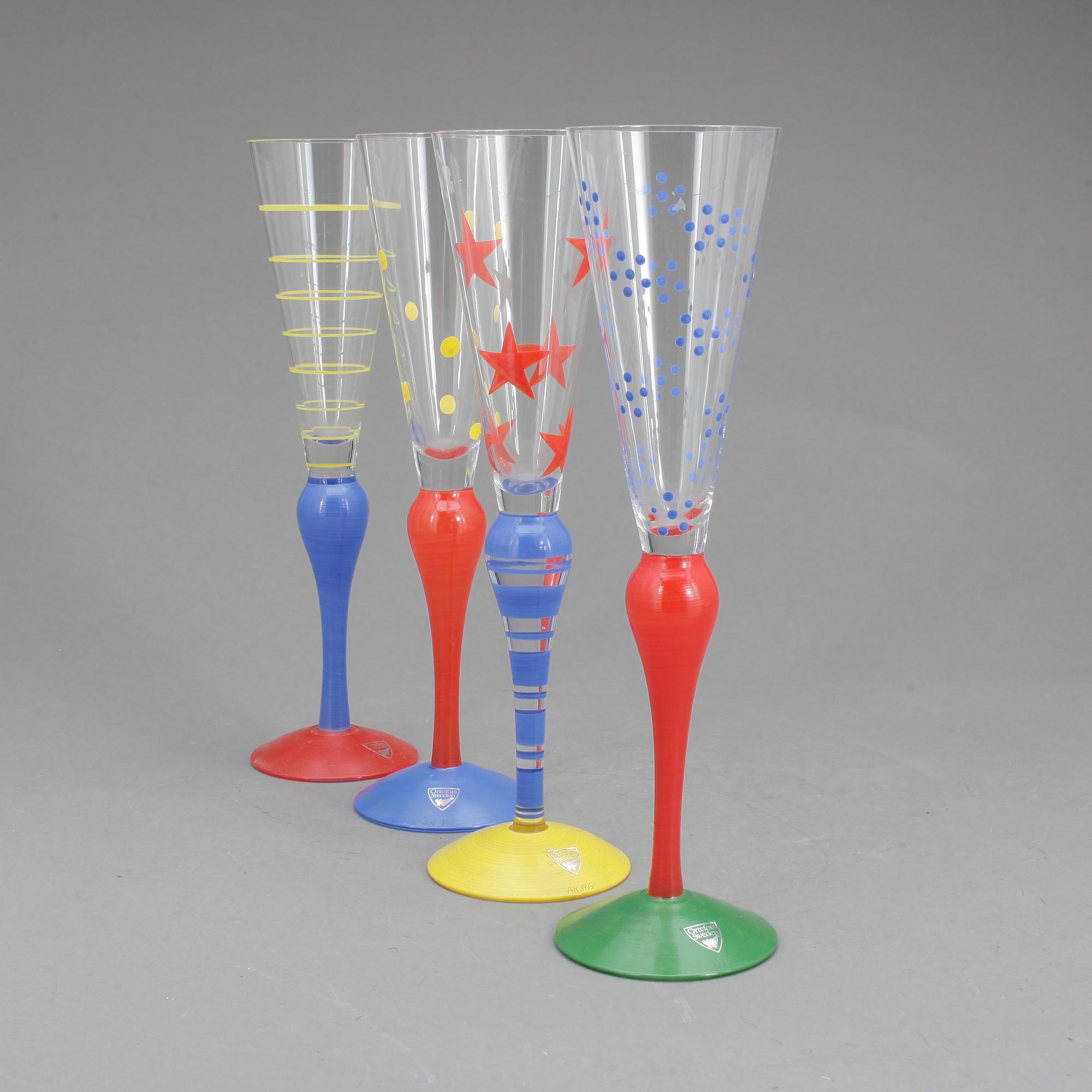 CHAMPAGNESTRUTAR, 4 st, glas, "Clown", Anne Nilsson, Orrefors.