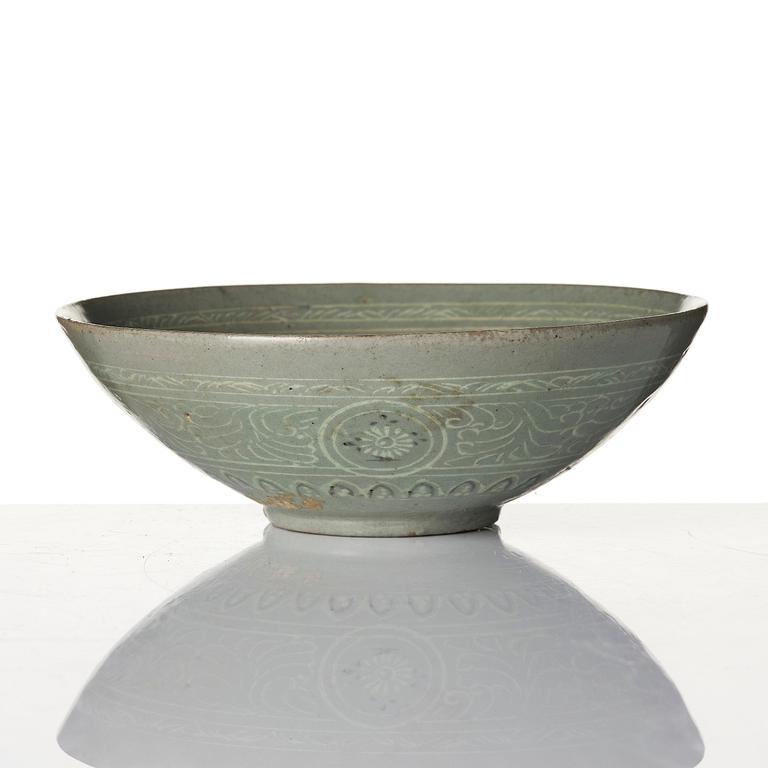 A celadon glazed slip-decorated bowl, Korea, Goryeo, 12/13th century.