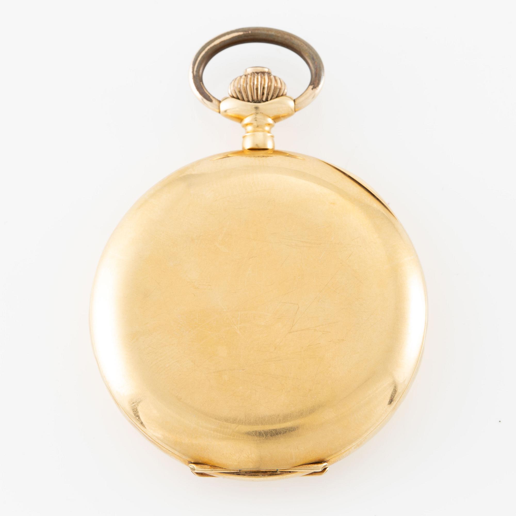 Pocket watch, hunter, 18K gold with chain, 51 mm.