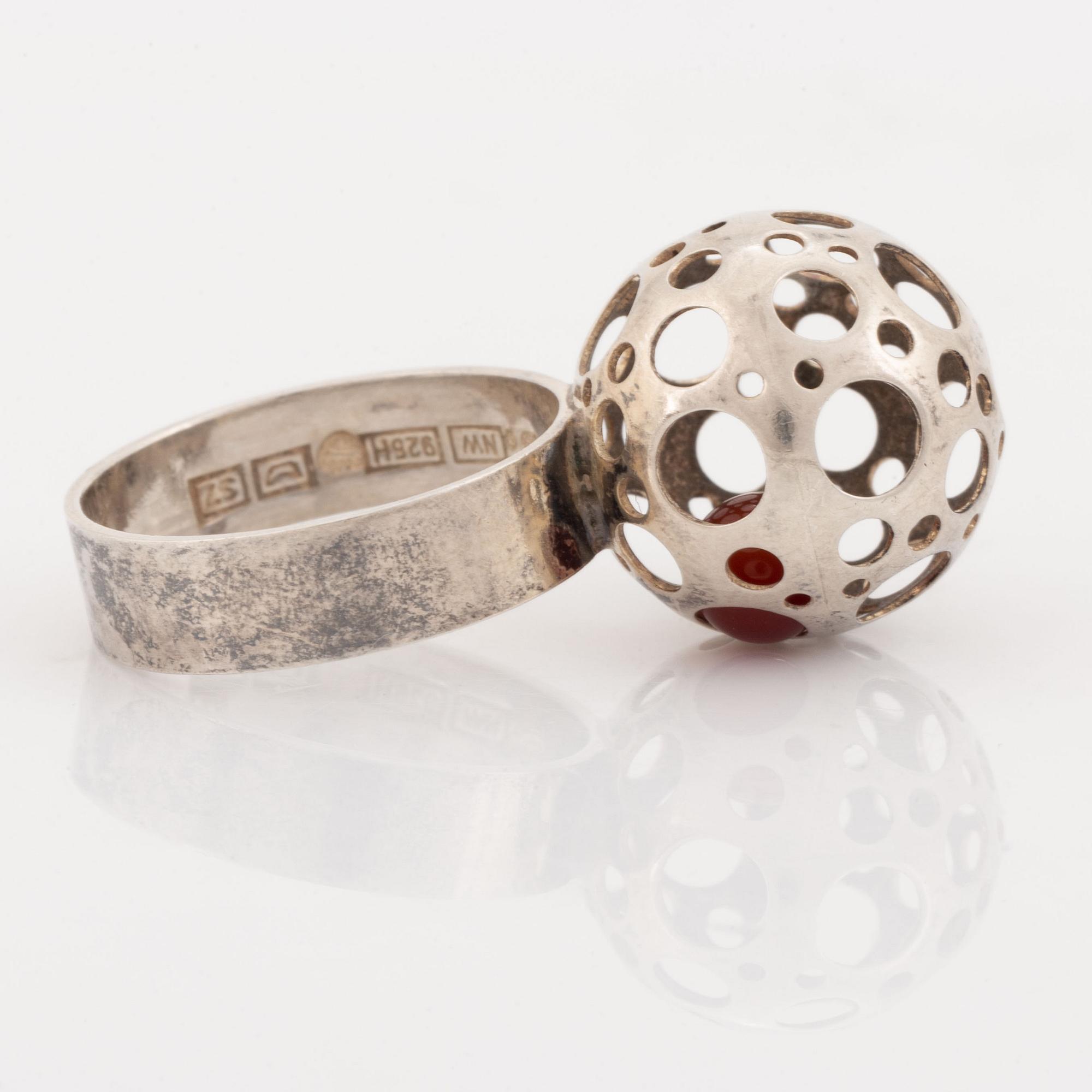 Liisa Vitali, sterling silver and carnelian ball ring.