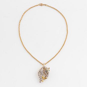 Hängsmycke, i form av leopard, 18K guld med, rubiner, smaragder och briljantslipade diamanter, med kedja.