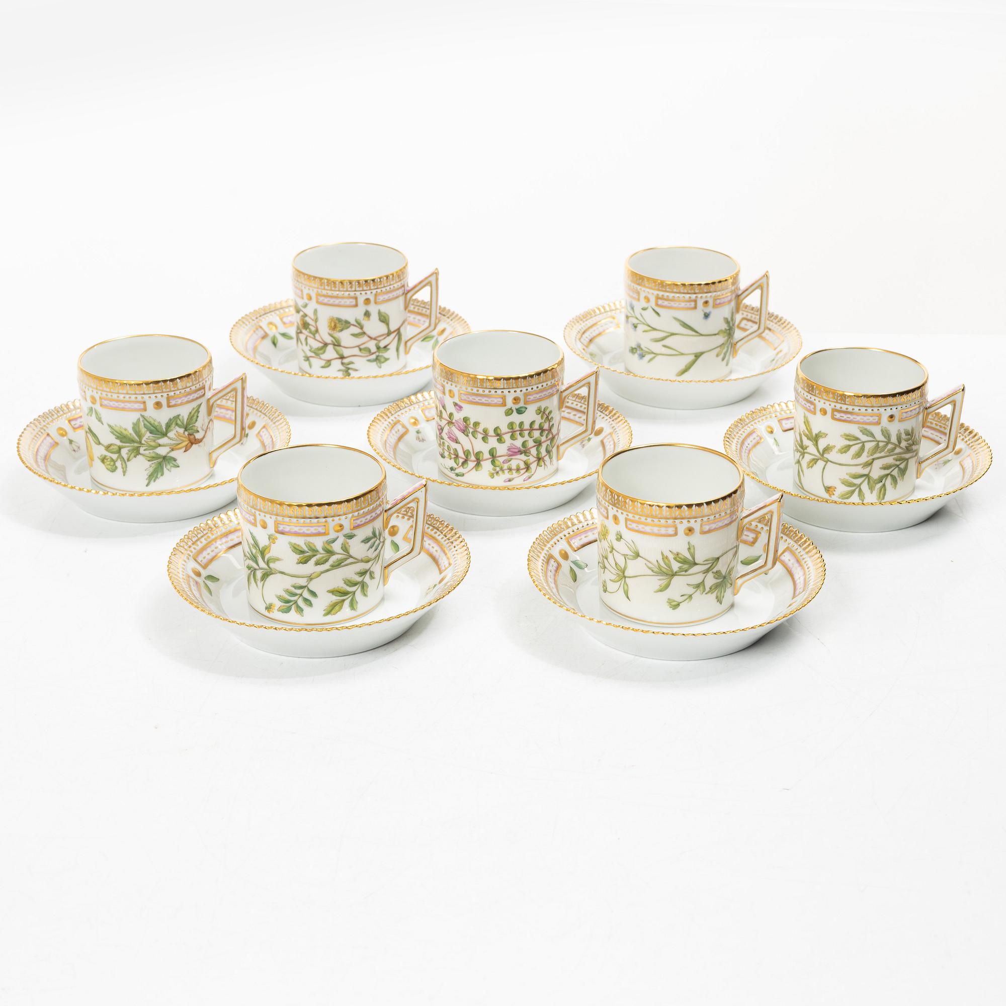 Royal Copenhagen, seven mocka cups with saucers, 'Flora Danica', Denmark.