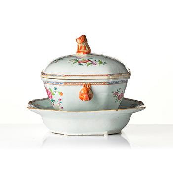 A famille rose 'double peacock' tureen with cover and stand, Qing dynasty, Qianlong (1736-95).