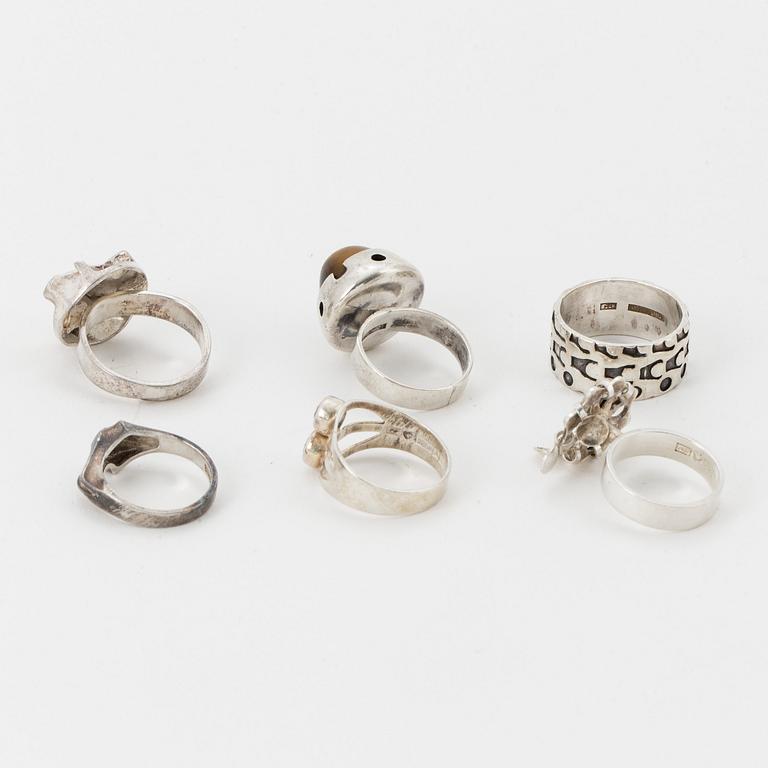 Six silver rings, Finnish marks, one Lapponia.