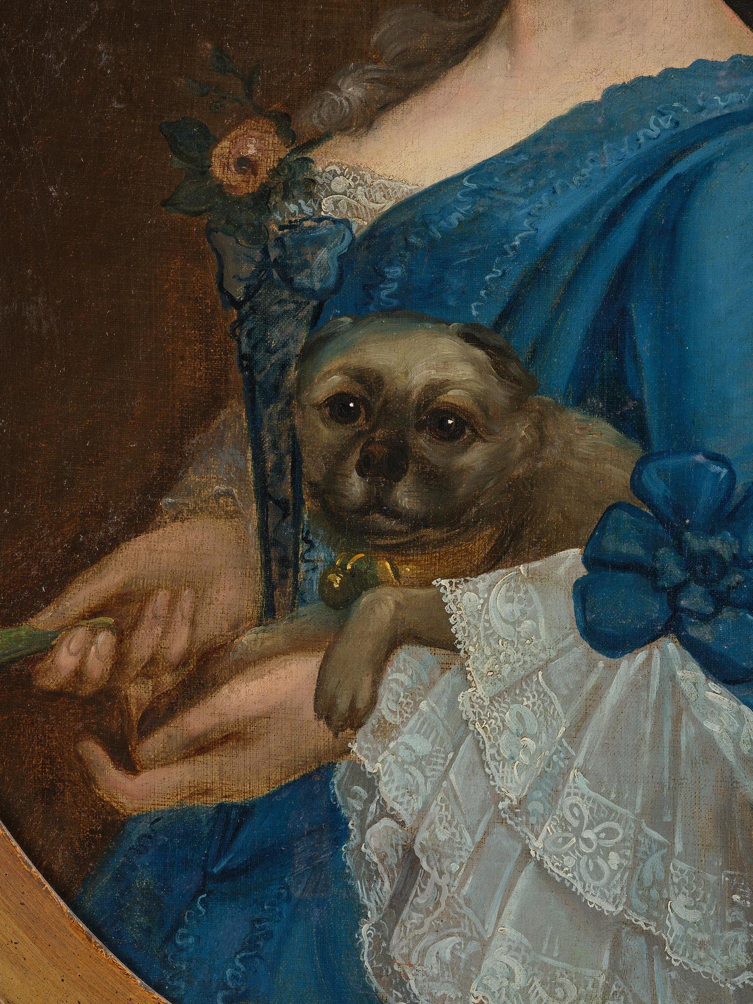 Unknown artist, 19th century, Noblewoman with a Dog, coat of arms featuring three hearts and a double-headed eagle.