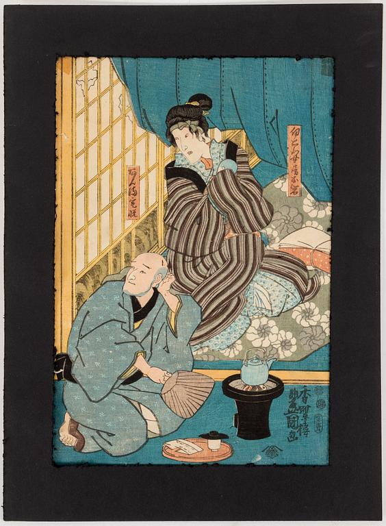 UTAGAWA KUNISADA, även kallad Toyokuni III (1786-1864). färgträsnitt, tre stycken. Japan.