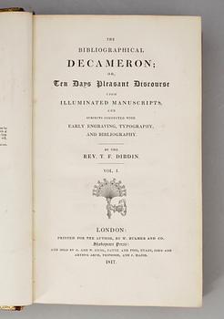 BOK, 3 vol, "The Bibliographical Decameron or Ten Days Pleasant Discourse" av Thomas Frognall Dibbin, London 1817.