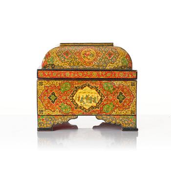 A large persian 'Safavid Revival' lacquer papier-mâché casket, Qajar dynasty.