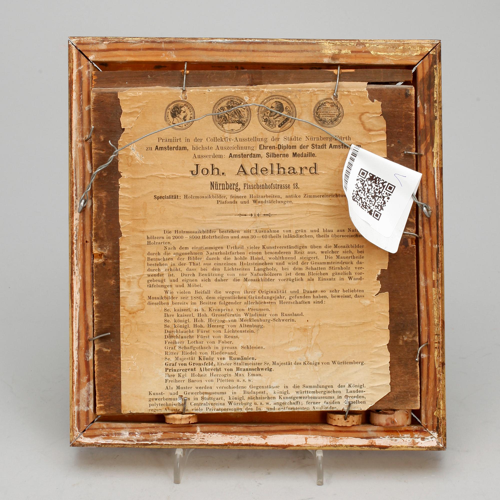 JOHANN ADELHARD, blandteknik med intarsia. Monogramsignerad.