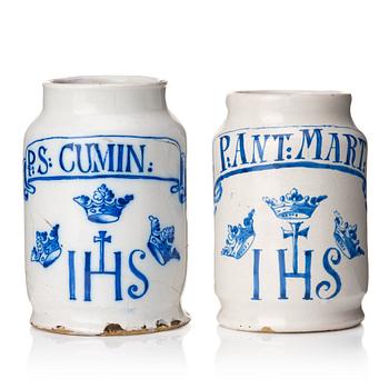 333. Two Swedish faience aphotecary jars, Marieberg, period of Ehrenreich and Rörstrand 18th Century.