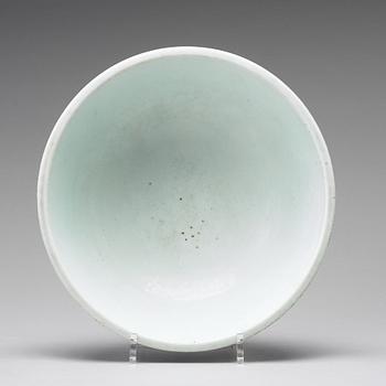 A large blue and white Ming style 'dice' bowl, Qing dynasty, Yongzhengs six character mark and period (1723-35).