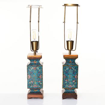 A pair of cloisonné vases/table lamps, Qing dynasty, 19th century.