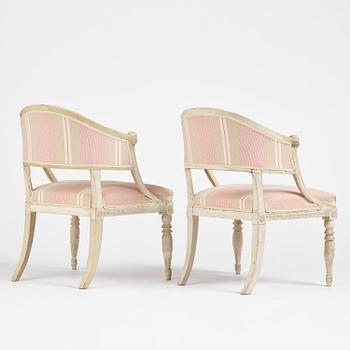 A pair of late Gustavian open.back armchairs, Stockholm, late 18th century.