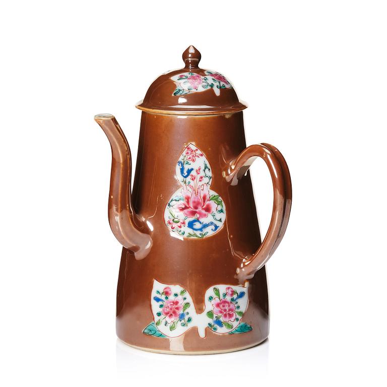 A cappuciner brown and famille rose coffee pot with cover, Qing dynasty, 18th Century.