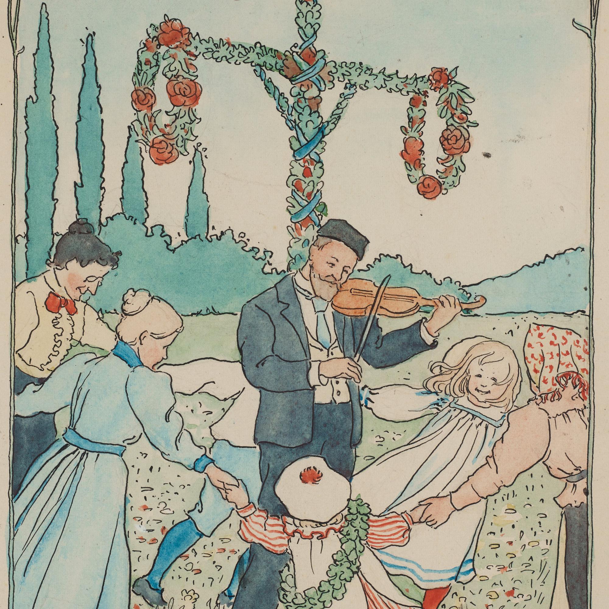 "Näst att dansa kring majstången på midsommarafton, när pappa spelar på sin fiol", illustration till "Barnen på Solbacka.
