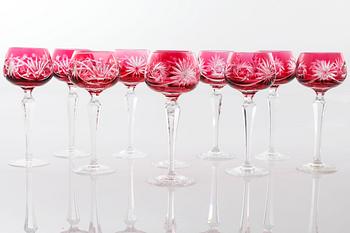 Ten bohemian style wine glasses, 20th century.