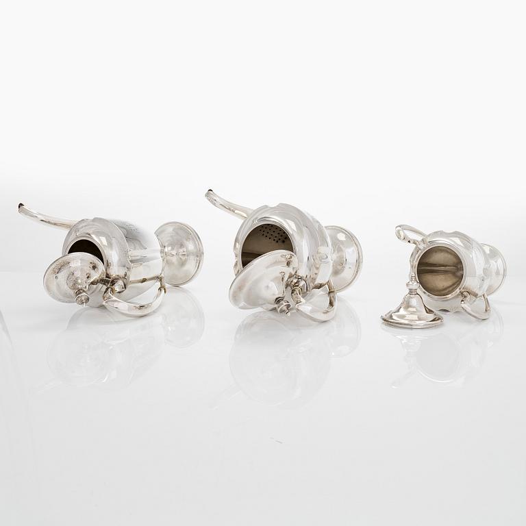 Kaffe- och teservis, 5 delar, silver, på försilvrad bricka, USA, sannolikt 1930-tal.