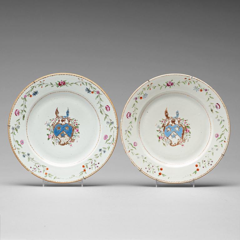 A pair of famille rose armorial dishes, Qing dynasty, Qianlong (1736-95).