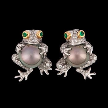 773. A pair of Tiffany & Co cultured Tahiti pearl and brilliant cut diamond earrings.