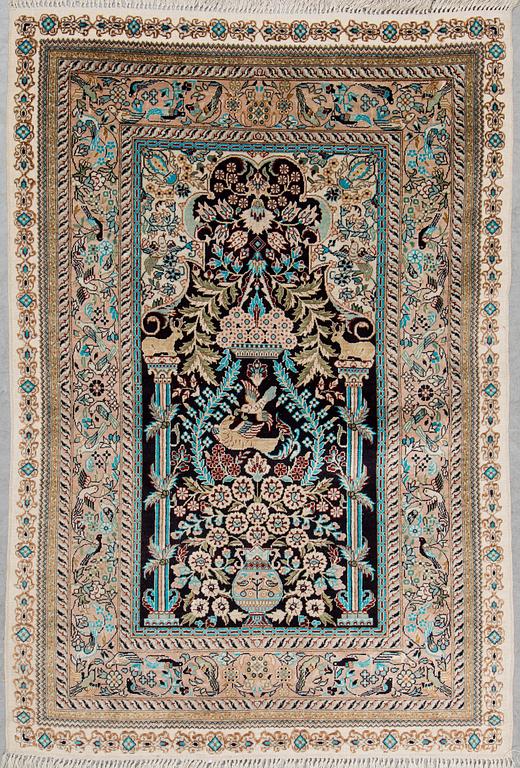 Two chinese silk rugs, around 96 x 63 and 91 x 63 cm.